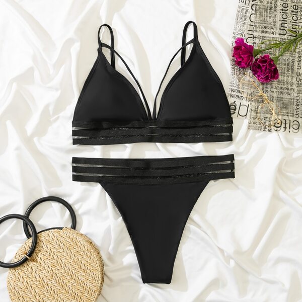 

Solid Contrast Mesh Thong Bikini Swimsuit, Black