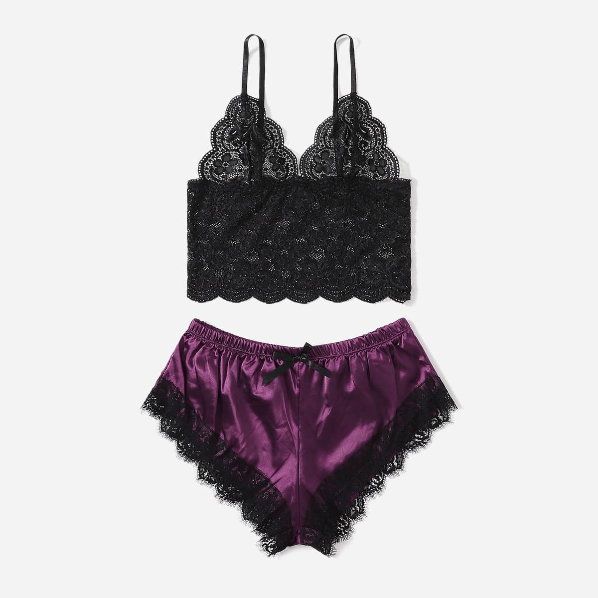 

Contrast Lace Satin Lingerie Set, Multicolor