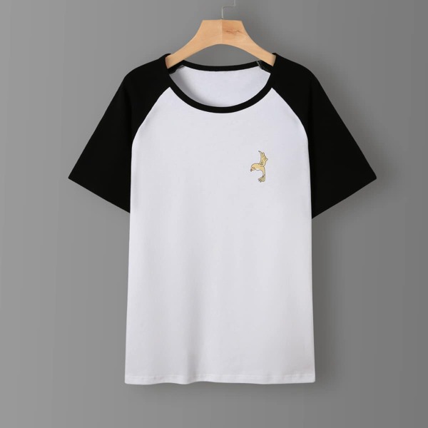 

Men Colorblock Bird Print Raglan Sleeve Tee, Black and white