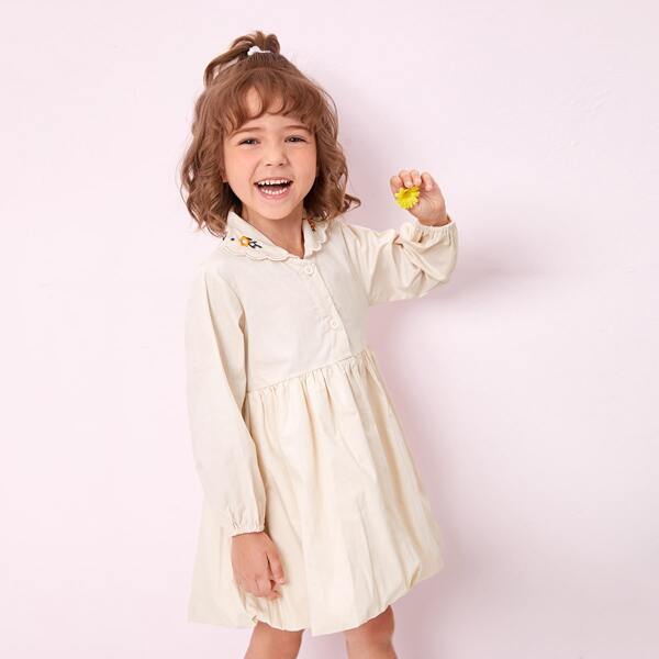 

Toddler Girls Floral Embroidery Scallop Trim Collar Shirt Dress, Beige
