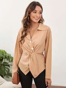 Cut Out Tie Back Twist Front Blouse - Apricot - View 1