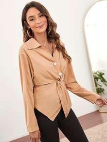 Cut Out Tie Back Twist Front Blouse - Apricot - View 3