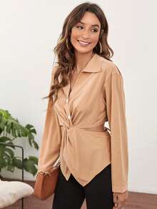 Cut Out Tie Back Twist Front Blouse - Apricot - View 4
