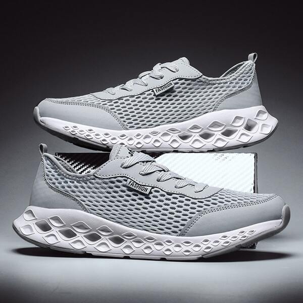 

Men Mesh Panel Lace Up Front Sneakers, Grey