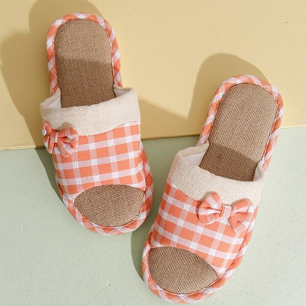 

Bow Decor Plaid Linen Bedroom Slippers, Orange