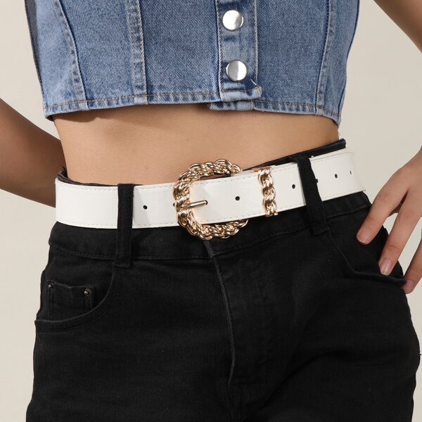

Textured Metal Buckle Belt, White