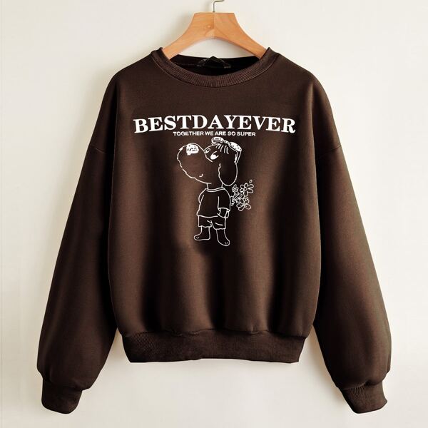 

Drop Shoulder Cartoon & Slogan Graphic Pullover, Chocolate brown