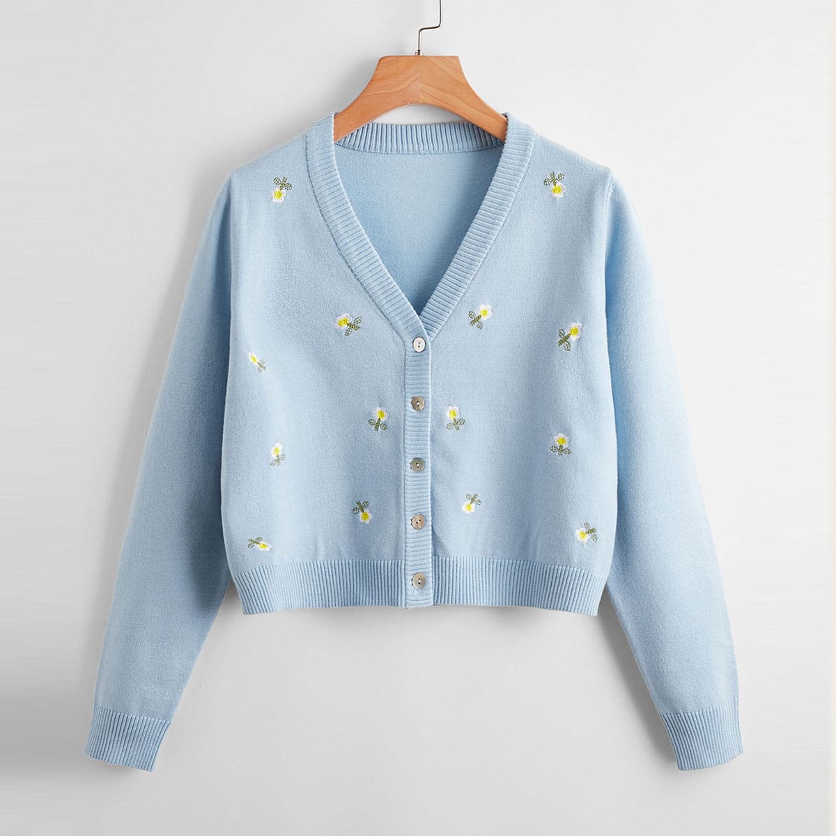 

Floral Embroidery Button Front Cardigan, Baby blue