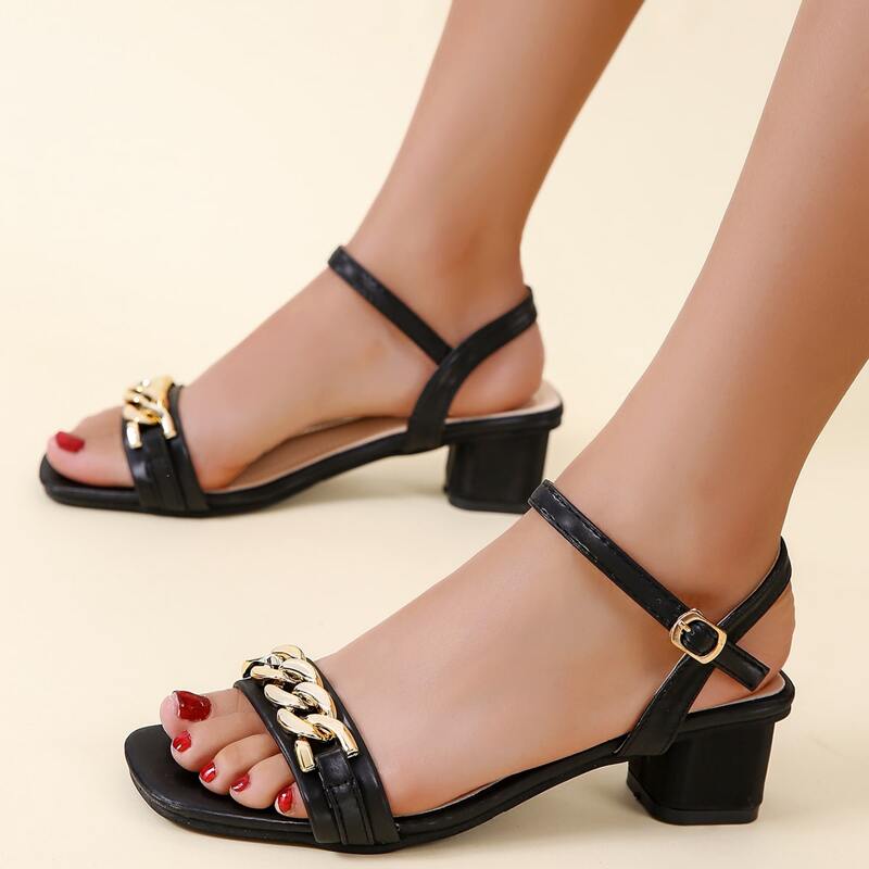 

Chain Decor Chunky Heeled Sandals, Black