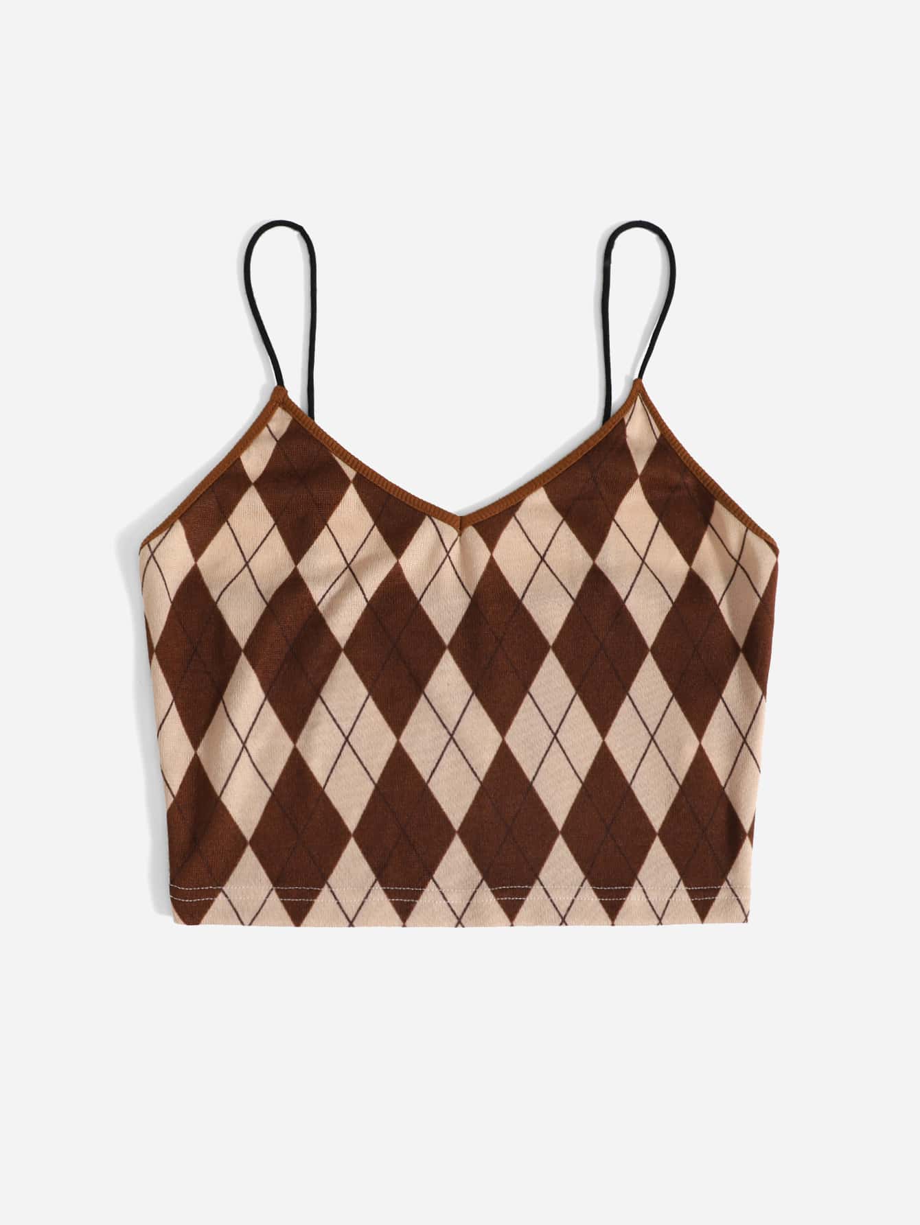SHEIN Qutie Argyle Crop Cami Top - Coffee Brown - View 1