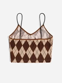 SHEIN Qutie Argyle Crop Cami Top - Coffee Brown - View 2