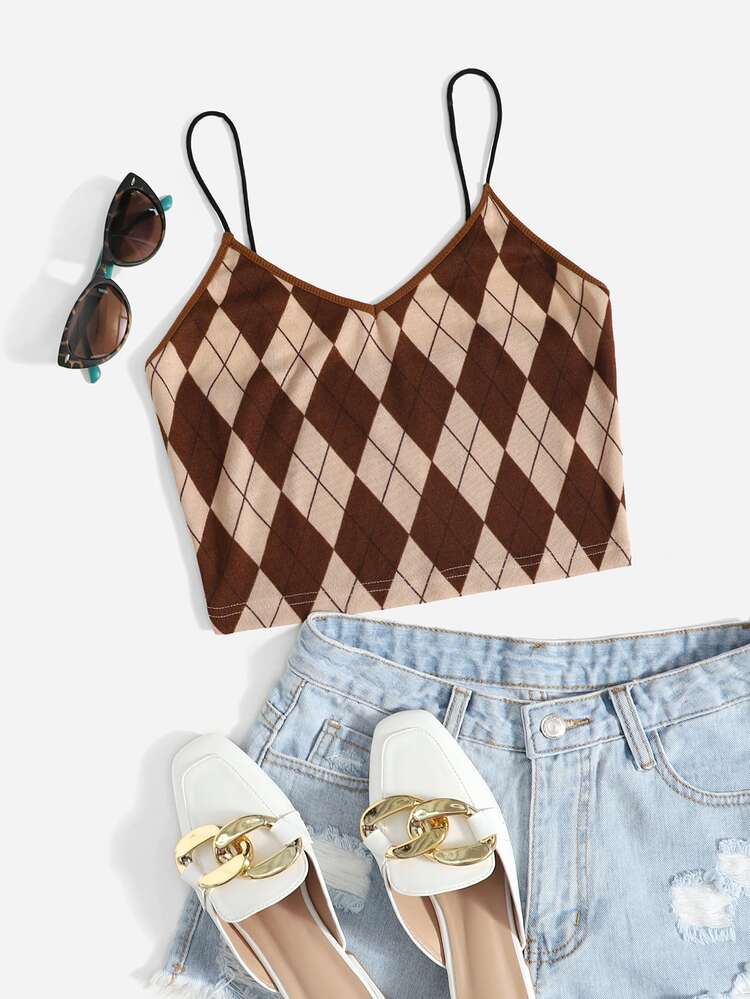 SHEIN Qutie Argyle Crop Cami Top - Coffee Brown - View 3