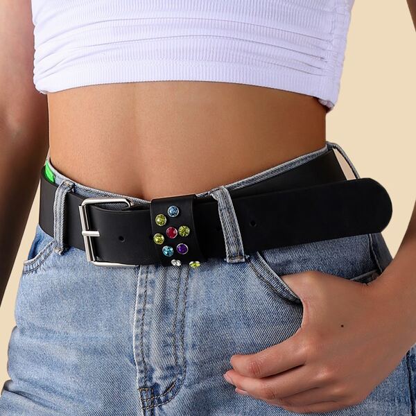 

Rhinestone Detail Belt, Black