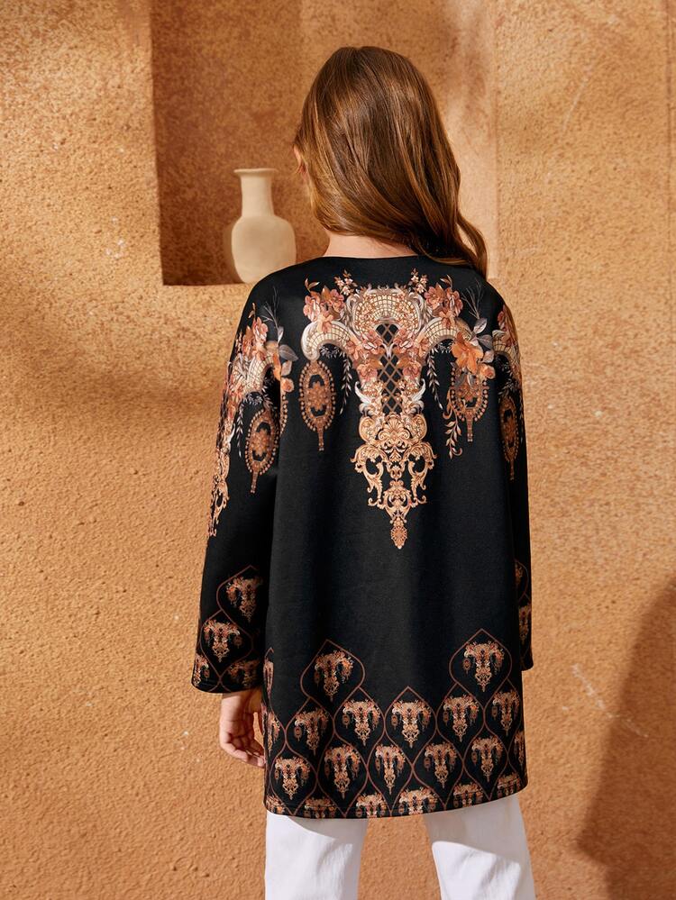 Girls Baroque Pattern Open Front Coat