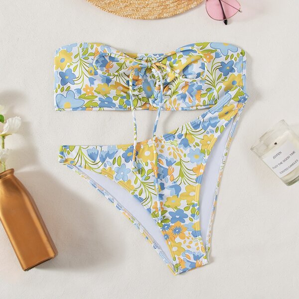 

Floral Knot Front High Cut Bikini Swimsuit, Multicolor
