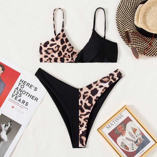 

Contrast Leopard High Cut Bikini Swimsuit, Multicolor
