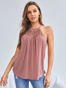 SHEIN LUNE Solid Cutout Detail Tie Back Halter Top - Dusty Pink - View 2