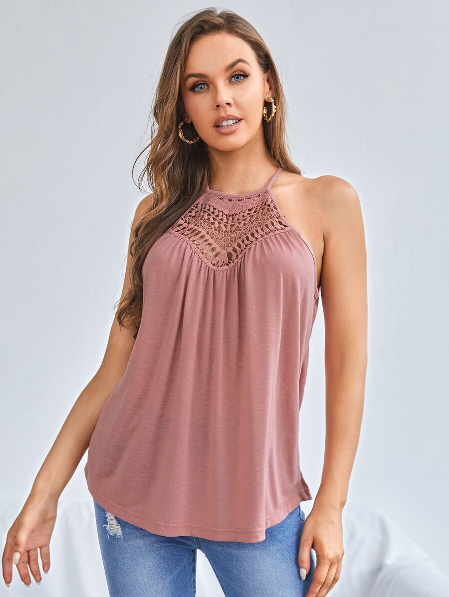SHEIN LUNE Solid Cutout Detail Tie Back Halter Top