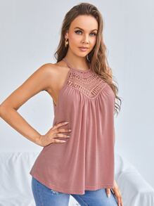 SHEIN LUNE Solid Cutout Detail Tie Back Halter Top - Dusty Pink - View 6