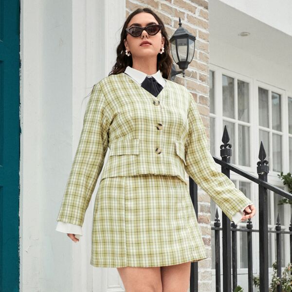 

Plus Plaid V Neck Blazer, Multicolor