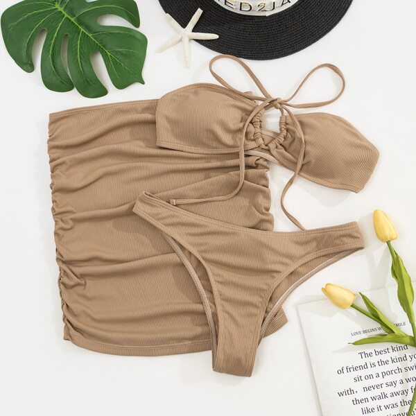 

3pack Knot Front Bandeau Bikini Swimsuit & Beach Skirt, Camel