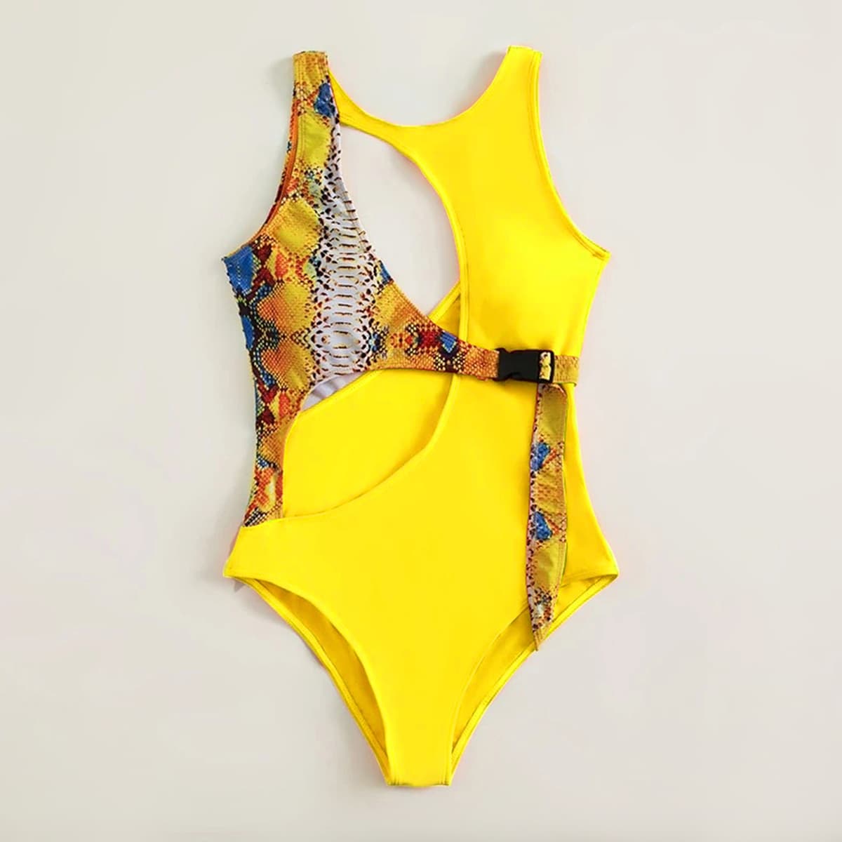 

Snakeskin Print Cut-out One Piece Swimsuit, Yellow