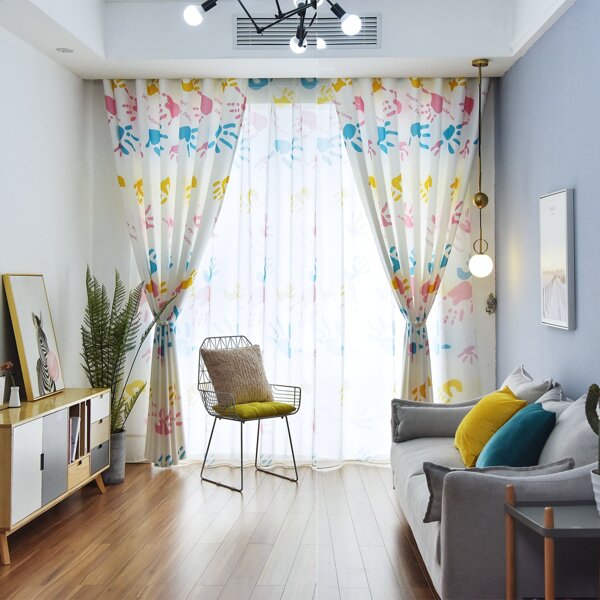 

1pc Kids Handprint & Letter Graphic Curtain, Multicolor