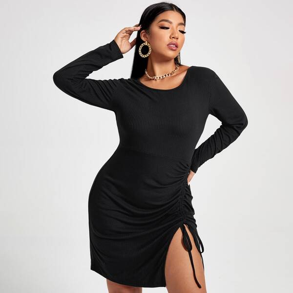 

Plus Drawstring Split Bodycon Dress, Black