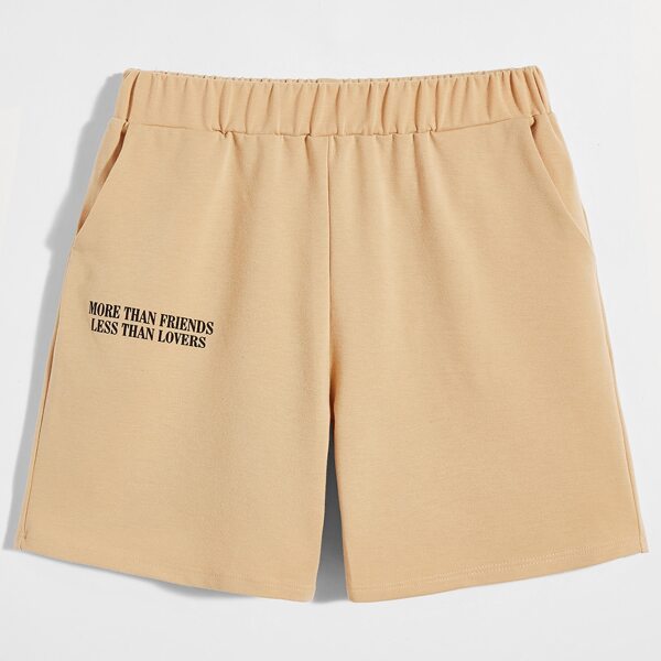 

Men Slogan Graphic Slant Pocket Track Shorts, Apricot