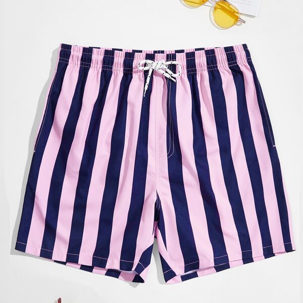 

Men Striped Drawstring Waist Swim Trunks, Multicolor