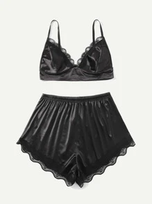 Conjunto de pijama de satén ribete con encaje - Negro - Ver 3