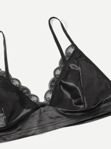 Conjunto de pijama de satén ribete con encaje - Negro - Ver 5