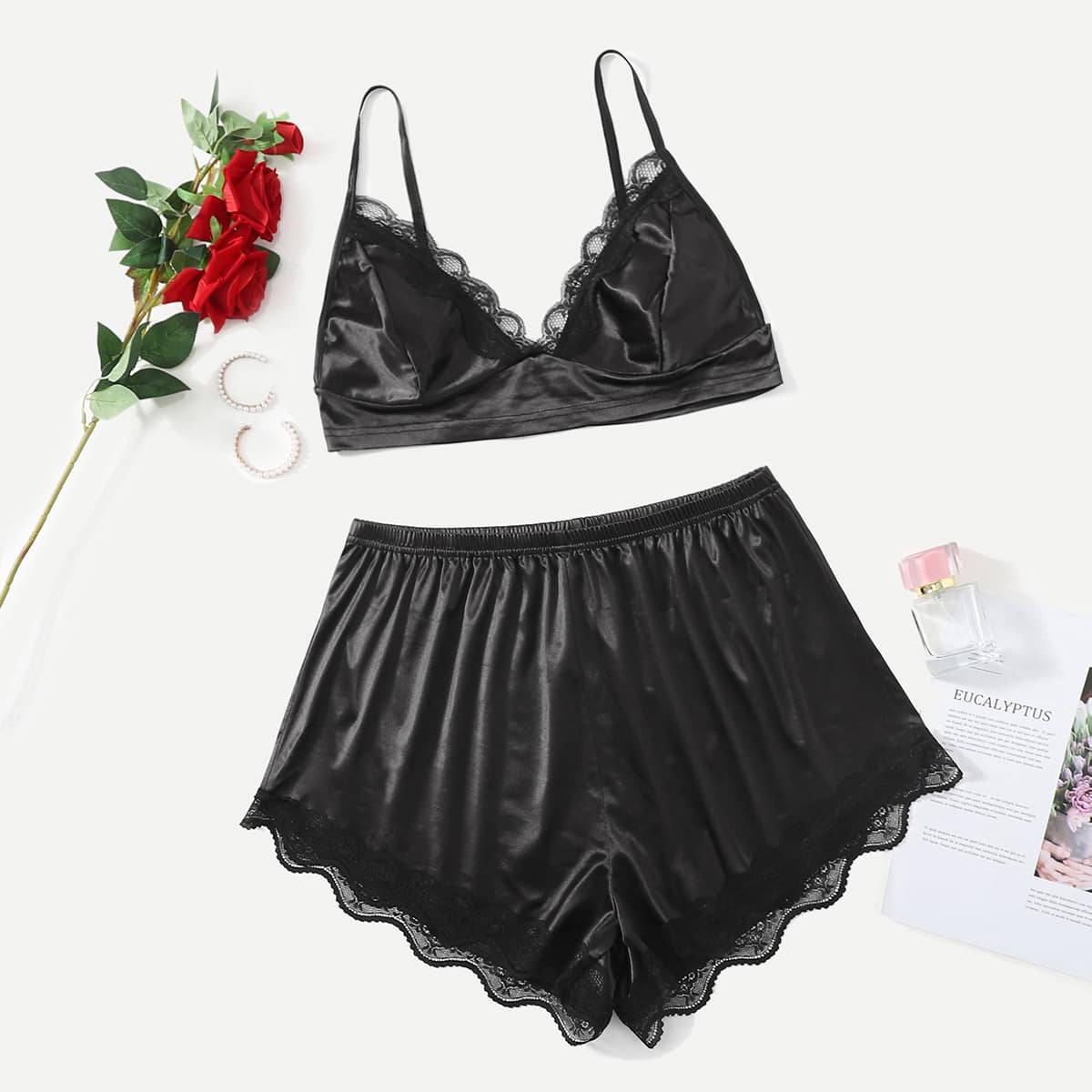 

Plus Satin Lace Trimed Pajama Set, Black