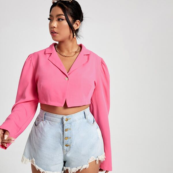 

Plus Solid Puff Sleeve Crop Blazer, Pink