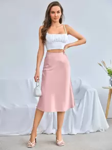 SHEIN BAE Zipper Side Solid Satin Skirt - Baby Pink - View 3