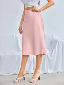 SHEIN BAE Zipper Side Solid Satin Skirt - Baby Pink - View 4