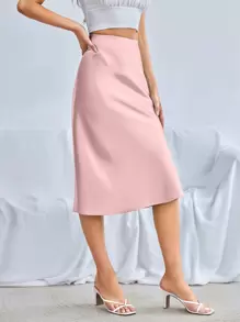 SHEIN BAE Zipper Side Solid Satin Skirt - Baby Pink - View 5