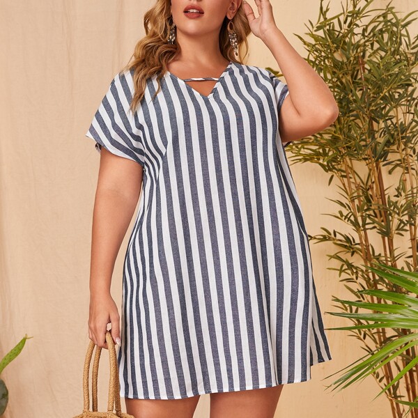

Plus Striped V-cut Neck Dress, Blue and white