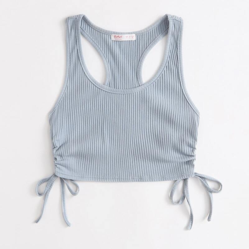 

Solid Drawstring Ruched Ribbed Tank Top, Baby blue