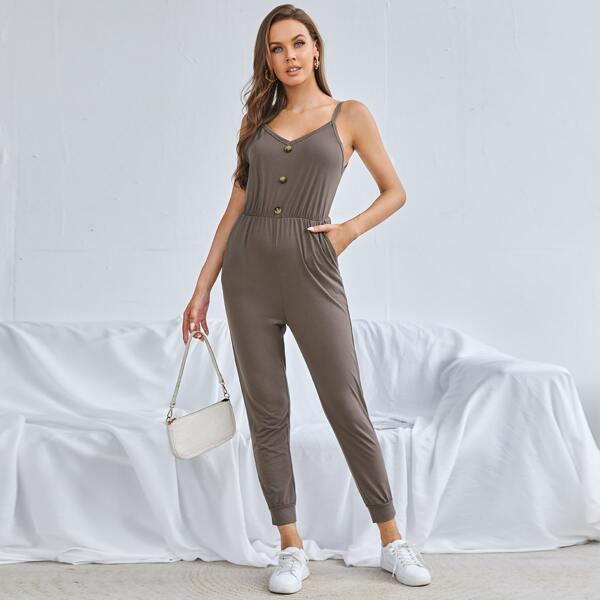 

Button Front Slant Pocket Slip Jumpsuit, Mocha brown