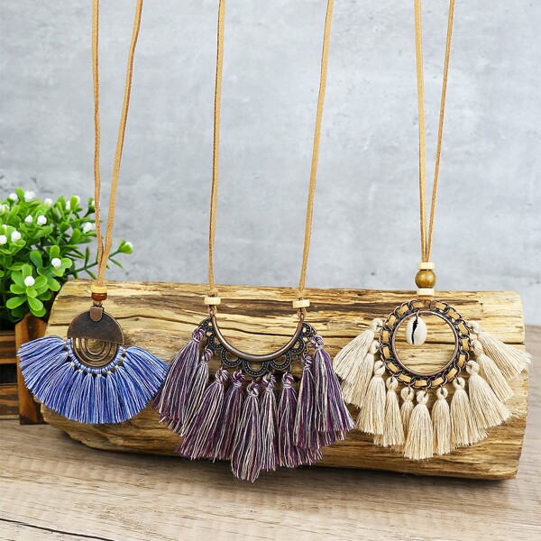

3pcs Tassel Charm Necklace, Multicolor