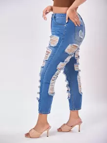 SHEIN 大碼高腰破洞媽媽九分牛仔褲 - 中等水洗藍 - 查看 1