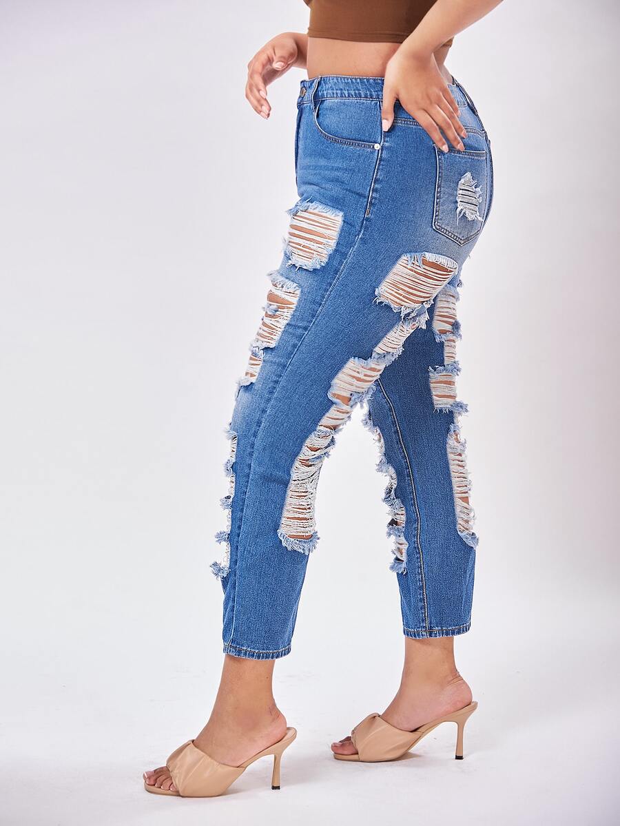 SHEIN 大碼高腰破洞媽媽九分牛仔褲 - 中等水洗藍 - 查看 1