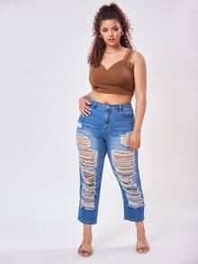 SHEIN 大碼高腰破洞媽媽九分牛仔褲 - 中等水洗藍 - 查看 3