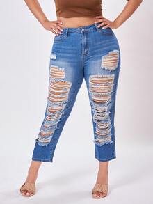 SHEIN 大碼高腰破洞媽媽九分牛仔褲 - 中等水洗藍 - 查看 4