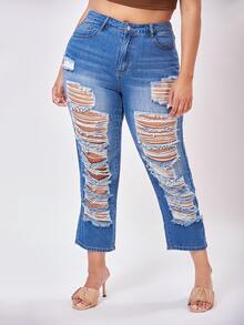 SHEIN 大碼高腰破洞媽媽九分牛仔褲 - 中等水洗藍 - 查看 5