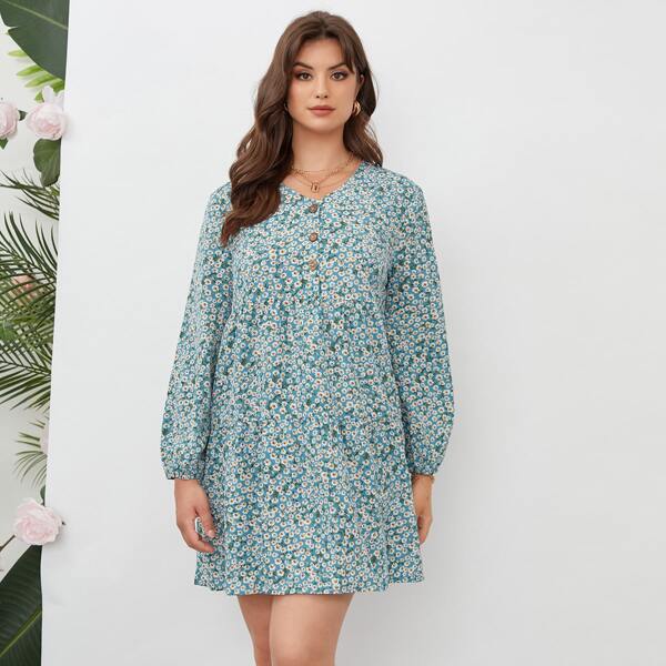 

Plus Ditsy Floral Button Smock Dress, Green