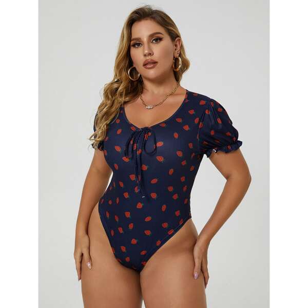 

Plus Strawberry Print Drawstring Front Bodysuit, Navy blue