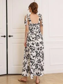 Mulvari Đầm Thắt nút Dải chun Hoa Boho - Đen và trắng - Xem 2