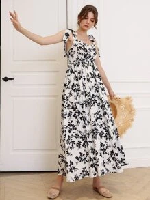 Mulvari Đầm Thắt nút Dải chun Hoa Boho - Đen và trắng - Xem 3